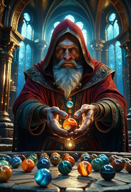 aidmamj6.1, wizard grabbing a handful of marbles, fantasy building interior, detailed background, Detailed face, detailed eyes, perfect eyes, absurdres, high quality, masterpiece, very aesthetic, 8K resolution, ultra-detailed cinematic composition, contemporary concept art style, volumetric magical atmosphere with ethereal glow, rich complementary color palette, vivid gradients and chiaroscuro contrast, dynamic perspective with layered depth of field, inspiring awe-inspiring mood, Unreal Engine 5 render quality, intricate textures, flawless anatomy, rule of thirds composition, luminous highlights, surreal ambiance, award-winning illustration, harmonious balance of light and shadow, photorealistic details, ArtStation trending, chromatic accents, nostalgic futurism, dreamlike serenity, bold creativity, professional finish, sharp focus, ambient background, fascinating dynamic motion,, Baroque art style, dynamic composition, dramatic lighting, rich colors, intricate details, professional-grade execution, captures the grandeur and theatricality of the Baroque period