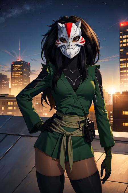 masterpiece, best quality, 1girl, solo, looking at viewer, breasts, outdoors, depth of field, lens flare, light particles, <lora:cheshire-guy-v2:.95>, cheshire, mask, gloves, dark skin, long sleeves, thighhighs, bodysuit, night sky, rooftop, from above, cowboy shot,