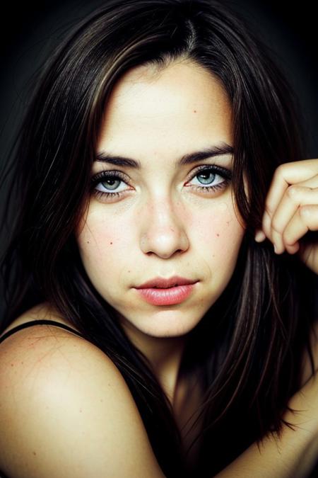 The image portrays a young woman with long, dark hair holding a vintage camera close to her face, partially obscuring one of her eyes. She gazes directly into the lens with an intense, thoughtful expression. The photograph has a distinct cinematic and nostalgic aesthetic, with soft lighting, a grainy texture, and subtle color grading that gives it a vintage, film-like quality.
Subject and Composition
The subject's face is positioned slightly off-center, drawing immediate attention to her sharp and expressive features. Her dark, well-defined eyebrows frame her deep-set eyes, which are slightly shadowed, adding to the introspective mood of the image. Her lips, which are slightly parted and tinted a natural red, contrast subtly with her smooth, pale skin. Strands of hair fall loosely across her face, reinforcing the unposed, organic nature of the portrait.
The camera she holds is an older model, silver and black with a rounded lens, possibly a vintage point-and-shoot film camera. Its reflective surface catches some light, making it a noticeable focal point. Her fingers gently rest on the camera's body, showcasing her relaxed grip, suggesting familiarity and comfort with the device. The camera partially obscures her left eye, creating an artistic and symbolic interplay between the act of capturing an image and being observed.