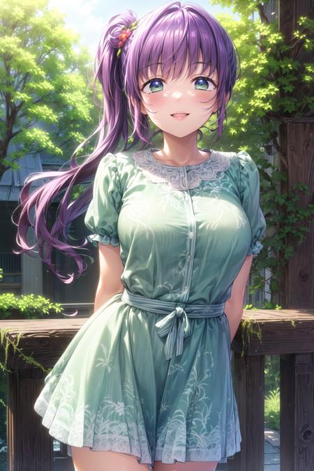 <lora:KozueV4:0.6>, (masterpiece, best quality, ultra-detailed), (illustration), (beautiful detailed eyes),
(1girl), (solo), (extremely detailed face), (beautiful detailed hair), thicc,
medium breasts, (0:1.1)
otomune kozue, green eyes, purple hair, (long hair:1.3), hair ornament, (side ponytail:1.3), flower
(outdoors, greenery :1.3), tareme, mature face, tareme
dress, frilled dress, green dress, short sleeves, flower prints
(standing:1.2), (smile:1.2), (arms behind back:1.3), parted lips, blush, (cowboy shot:1.4), best quality, high resolution, unity 8k wallpaper,    <lora:tareme:0.4> <lora:add_detail:0.6>