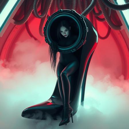 Ethereal, slender, ultra thin waist, tall, raven-haired Norwegian wearing black slime catsuit and  high heels, laying in giant black glossy high heel, head encased in giant weird alien brainwashing machine ring, red lights. Restrained. Looking to the camera. Eeire fog from the floor. Horror. Alien space harem. Tentacles canopy. Sci-fi. Horror. Total recall