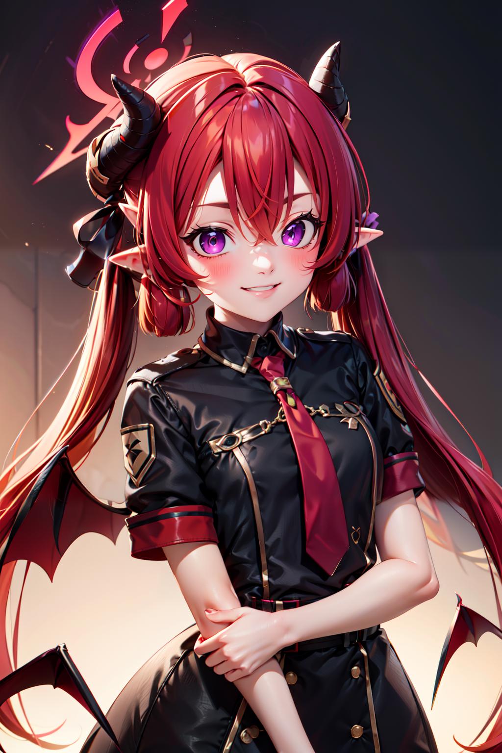 (masterpiece), <lora:Beautiful_CAT_v3:0.8>, best quality, high resolution, highly detailed, perfect lighting,  ,  <lora:Junko_BlueArchive_Citron:0.8>, zzJunko, red hair, horns, long hair, twintails, halo, demon horns, pointy ears, wings, hair between eyes, demon wings, very long hair, black horns, low wings, purple eyes, red eyes, ribbon black shirt, looking at viewer, short sleeves, red necktie, red halo, , upper body , solo, smiling, looking at viewer,, BREAK, leaning forward, head tilt, blush, upper body,