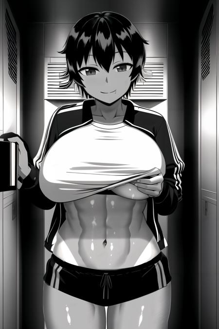 takatsu keita style, monochrome, greyscale,1girl, solo, looking at viewer, smile, short hair, open mouth, large breasts, navel, jacket, monochrome, greyscale, sweat, teeth, indoors, dark skin, clothes lift, mole, pubic hair, mole under eye, bottomless, female pubic hair, shirt lift, phone, abs, undressing, tan, lifted by self, tanlines, track jacket, one-piece tan, tomboy, locker,
//
<lora:takatsu_keita:0.7>