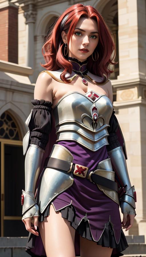A woman dressed in a metal armor costume.