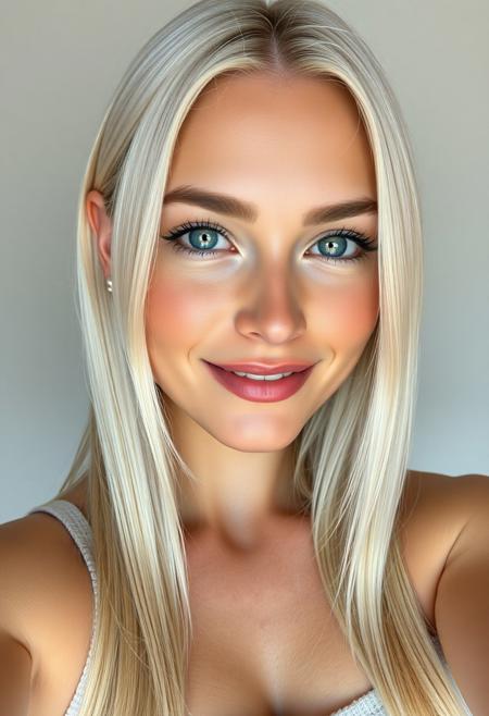 (female), (25 years old), (piercing icy blue eyes), (straight platinum blonde hair, perfectly styled), (toned and curvy body, athletic yet feminine), (natural soft lighting), (smooth hyper-realistic skin, with natural imperfections), (minimal natural makeup), (confident photogenic smile), (selfie pose, slightly tilted head), (neutral soft-focus background), (ultra-high resolution), (photorealistic), (soft neutral color palette), (casual trendy outfit), (minimal jewelry), (no heavy digital edits), (no unrealistic proportions), (Instagram selfie aesthetic), (influencer vibe), (modern, confident, approachable)