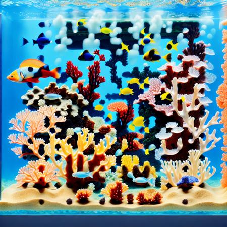 masterpiece, best quality, 4k, a large aquarium with many different types of corals and fish swimming around it, and a large amount of water,  highly detailed digital art, underwater, sand, rock