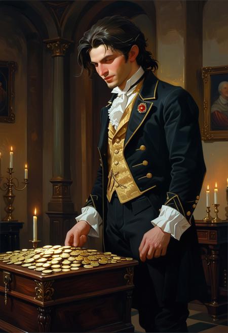 Romantic realism. Medium shot. Edmond Dantes stands motionless with amazement, in a dimly lit room with a large, ornate coffer open before him. Low angle. Dramatic lighting style of a 19th century oil painting. Sparkling golden coins piled high, glinting in candlelight. Bars of unpolished gold reflect soft, warm shadows. A cascade of diamonds, pearls, and rubies spill over the coffer's edge. Warm, golden light from candelabras with a touch of chiaroscuro. Best quality, highly detailed image. Masterpiece of neoclassicism. Classic literature illustration. Atmospheric, emotional lighting. Intricate textures, ornate details. Brilliant, vivid colors. Highly realistic, style by nty