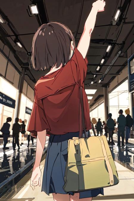 back view ,1girl, solo ,<lora:pytorch_lora_weights:0.8>,arm up,mall,crowed, shopping,red brown hair,<lora:back_view-v1-100:0.8>