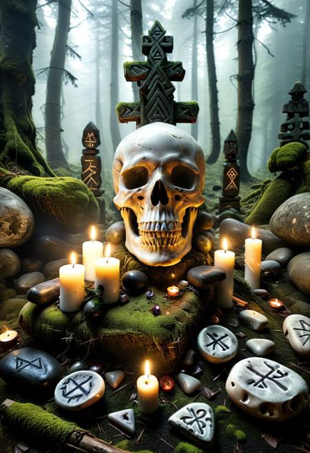 score_9, score_8_up, score_7_up, score_6_up, score_5_up, score_4_up, (absurdres, best quality, masterpiece:1.4), illustration, photorealistic, cinematic lighting, dynamic angle, perfect composition, skull, skull totems, glowing symbols, ancient shrine, foggy forest, moss-covered stones, ethereal atmosphere, dark magic, candlelight, mystical runes, mist, sacred