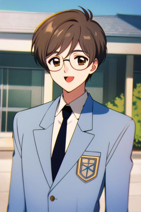 masterpiece, best quality, <lora:tsukishiro_yukito:0.7>  solo, smile, 1boy, brown eyes, grey hair, school uniform, male focus, necktie, glasses, blue blazer, collared shirt, white shirt, looking at viewer, smile, open mouth, 2000s \(style\), retro artstyle,