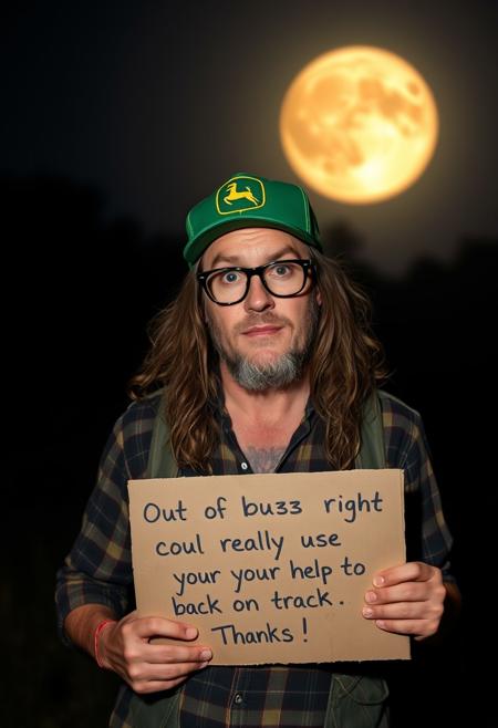a vagabond farmer, intoxicated, drunk. glasses john lennon style, long hairs, tattoo. green "john deere" trucker cap. holding a cardboard with written "Out of buzz right now—could really use your help to get back on track. Thanks!" dark halley light only from the full moon in bk