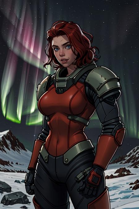 1girl, scarlett johansson, red hair, science fiction, power armor, ice, glacier, muscular, muscular female, aurora, northern lights, night sky, warhammer 40k, realistic, (photorealistic:1.1), (lineart:0.8), black_outline