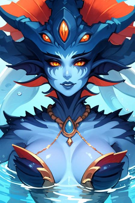 Naga Azshara, colored skin, grey skin, multiple eyes, orange eyes, tentacle hair, jewelry, corset, dark background, full body, octopus lower body, tentacles, multiple hands,