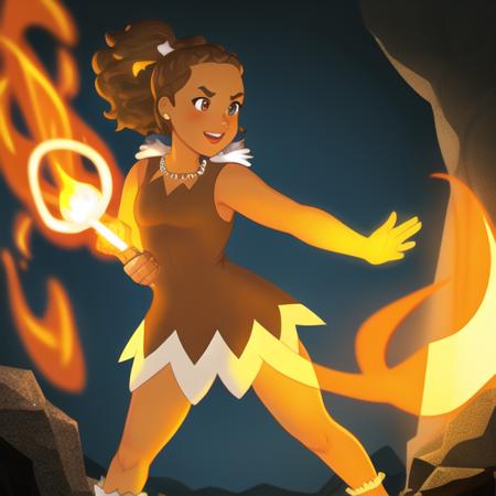 Zazzalil, full body, "sleeveless brown dress", bare arms, forehead, v eyebrows, <lora:Zazzalil-06:1>, holding torch, dancing, cave