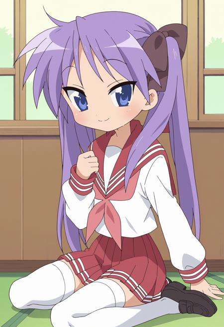 skagami, <lora:PonyXL LS Kagami V1:1> purple hair ribbon, school uniform, sailor collar, red skirt, pink neckerchief, white thighhighs, red hair ribbon, white kimono top, red hakama skirt, japanese clothes, miko, white socks, red zouri, red one-piece swimsuit, white hair ribbon, swimsuit, double hair bun, casual one-piece swimsuit, barefoot,