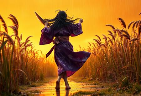 A lone long-haired girl, wearing the violet hue of a cherry blossom patterned yukata, dances in the pouring sunset rain. Her bare feet were stained golden yellow as they stepped on the wet earth, and the bright orange sky filled the entire scene. From behind we could see the fierce curve of her halberd, its steel gleaming dully in the fierce storm. Tall, windswept grasses, several times their normal height, undulated and swayed dramatically around her, reflecting the intense colors of the sky. Her messy black hair was stuck to her shoulders by the rain and fluttered in the wind. Her movements are graceful yet ferocious, dramatically backlit to highlight her figure and the intense emotions portrayed on her face as she dances. The picture is full body. Volumetric lighting casts dramatic shadows, accentuating the textures of the grass and the yukata fabric. The style is reminiscent of a painting masterpiece, with its surreal details capturing the intensity and ethereal quality of the moment. The scene is rendered with a bloom effect, rich in detail, in the style of LuisapAbstract_abstractVersion, focusing on fluidity and emotion.
