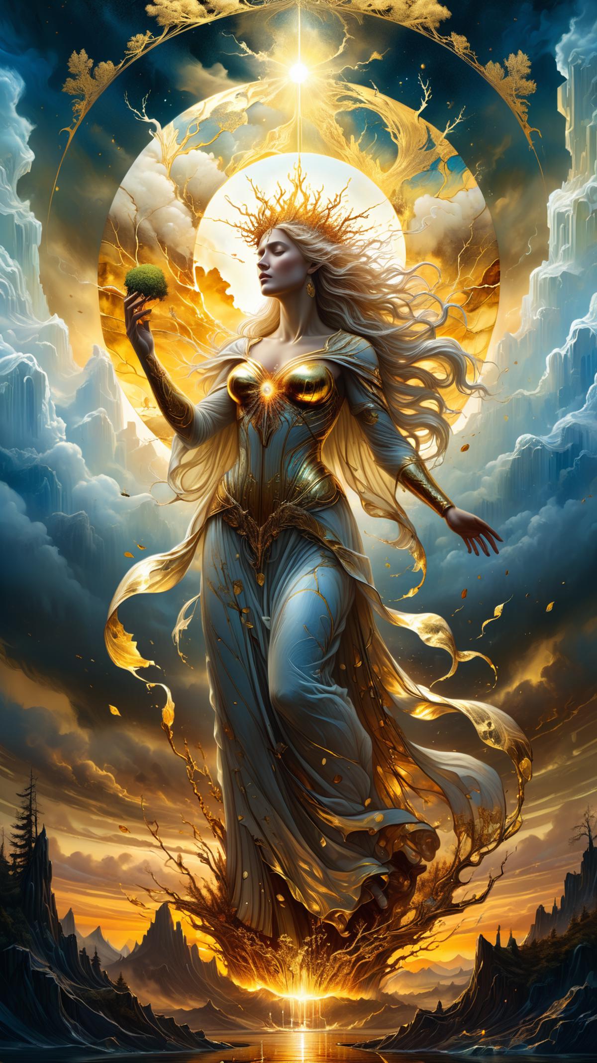 A woman with long blonde hair holding a green apple is standing in front of a sun. The sun has a halo around it, creating a beautiful scene. The woman is wearing a long dress and has a serene expression on her face.