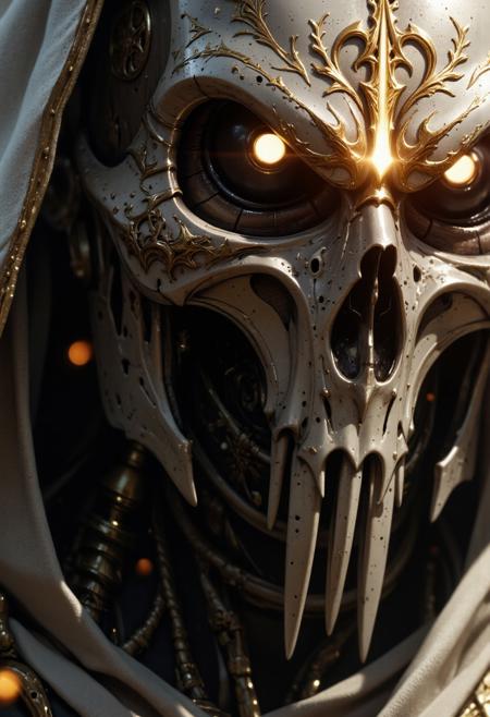 An extreme close-up of the nun’s face, framed by the intense, gritty realism of an old analog camera. The mechanical hknuns nun wears a detailed, ancient silver mask, its surface weathered and battle-scarred, yet intricately adorned with delicate engravings. The mask reflects the faint glow of divine energy, with radiant golden and white light flickering across its surface, highlighting every crevice and contour. Light shimmers and dances along the metallic surface, casting sharp contrasts between the glowing highlights and the deep shadows that fill the engraved details.
The eyes of the mask are hollow and eerie, yet there’s an ethereal light faintly pulsing from within, suggesting a divine power concealed behind the cold steel. Around her, the chaotic swirl of a dense, raging sandstorm blurs the edges of the image, creating an atmosphere of both serenity and violence. The violent storm is reflected in the shiny mask, capturing the dark, swirling sands while beams of holy light flicker from her weapon, illuminating her haunting presence in the middle of the storm.