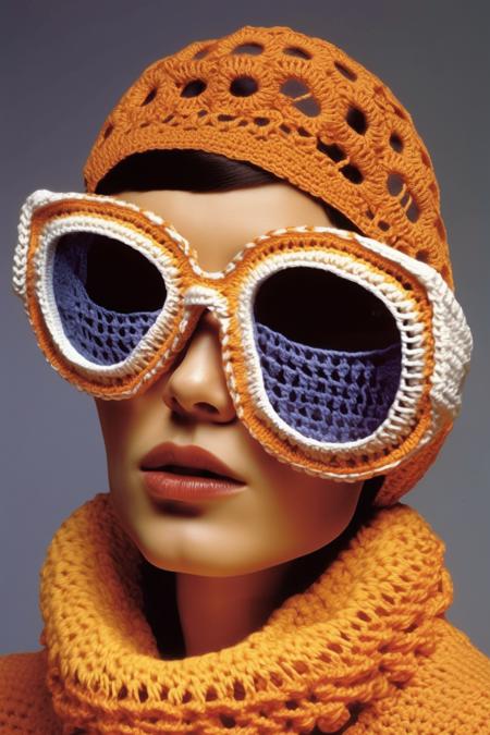 <lora:CROCHETED:1>CROCHETED - A woman wearing crocheted sunglasses. Vogue magazine cover but output as a widescreen image. Photorealistic.