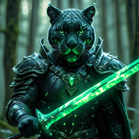 Close up shot of a Black Puma warrior, holding green glowing sword infront of him, standing up, wearing dark armor, fantasy forest in background, HKStyle, HD, masterpiece, best quality, hyper detailed, ultra detailed, super realistic