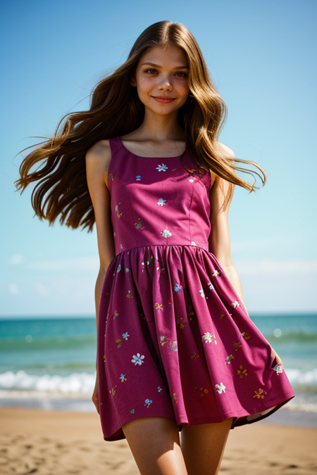 SashaKaigorodova, photograph by (Rodney Smith:1.3), modelshoot, pose, windblown waves, colorful blush, (floral sundress), Miami Beach sunset backdrop, Canon T90, 50mm f/1.4, 1/125s, ISO 100, Ektachrome E100, smile, (slim, fit:1.3)