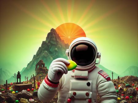 chrc4nd7, Double exposure, Alien landscape the main tones are green and red, the candy sun is setting behind a vast mountain range radiating a kaleidoscope of colours over the landscape, the remnants of an ancient civalization scatter the landscape, double expose on this landscape is a front facing photograph of an American astronaut eating a sherbert lemon taken from a high angle looking down on him