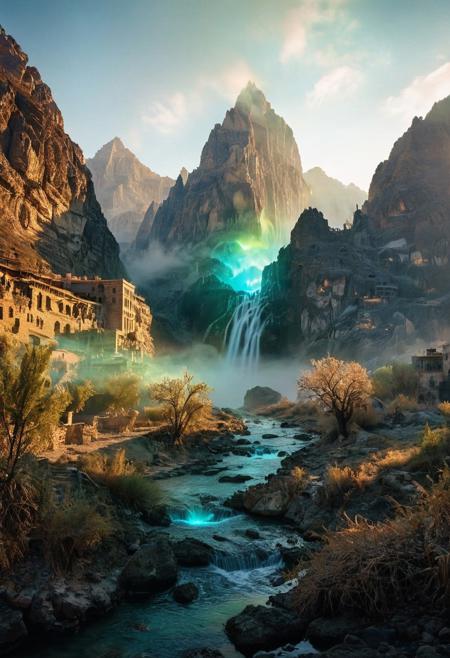 (by Ellen Jewett:1.5), (Bioluminescent Impressionism, Egyptian landscape, The Dreamland,, their peaks veiled in mist. mixed media, surrealism, great lighting, A surreal landscape highly detailed . extremely high-resolution details,  appears trapped in an optical illusion of reflections and refractions colorful , mountains and village in Turkey, professional photography, natural lighting, volumetric lighting maximalist. intricately detailed, complex, elegant, expansive, fantastical, waterfall, ethereal landscapes, depth of field, biotech emotion:1.3) <lora:xl_more_art-full_v1:0.5> <lora:add-detail-xl:1> <lora:RMSDXL_Creative:2>