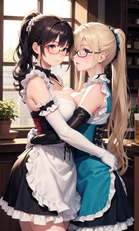 masterpiece, best quality, 2girls, twins, blue eyes, ponytail, long hair, dirndl, apron, corset, frills, detached sleeves, puffy short sleeves, glasses, elbow gloves, blush, bare shoulders, large breasts, (hug, height difference), looking at another, (cowboy shot), indoors, cafe, shelves, window, rim lighting