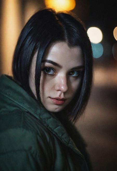 Portrait face Solo female ciborg in city, photograph ,pale beautiful Irish woman, black hair,  beautifull eyes, night time, cinematic composition,  cinematic filtering