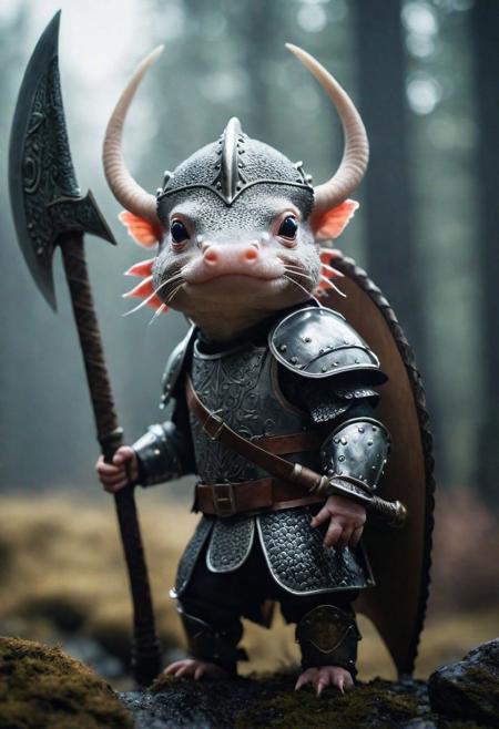 cinematic film still realistic photo of a viking axolotl standing, wearing viking armor, viking helmet, with huge battle axe, strike a pose, <lora:add_detail:1>  . shallow depth of field, vignette, highly detailed, high budget, bokeh, cinemascope, moody, epic, gorgeous, film grain, grainy