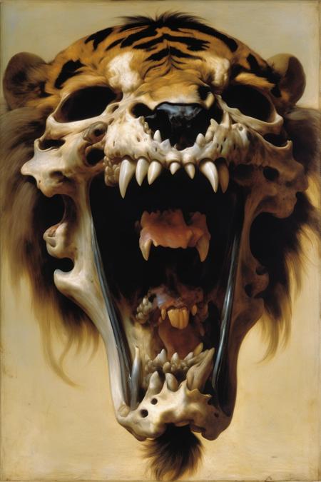 <lora:Willem van Aelst Style:1>Willem van Aelst Style - A skull with a roaring lion or tiger head attached to it