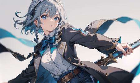 finely detail, Depth of field,best quality, illustration,highres,intricate detail, an extremely delicate and beautiful,,fighting stance, holding sword, 
1girl,solo,izayoi sakuya,blue eyes, grey hair,short hair,  twin braids,long hair,blue bowtie, hair bow, ribbon,, breast,headdress, braid,grey coat, grey shirt,belt,black jeans,
simple background,dynamic pose, <lora:20240110-1704857272830-0015:0.3>