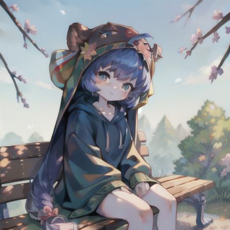 costume, bear, dress, masterpiece, best quality, high resolution:1.4, high quality:1.2, 1girl, blue hair, <lora:Otomachi_Una-06:1.2>, woman, simple background, white background, shadows, one leg raised, sitting, hood, hood up, hoodie, looking to the side, park:1.8, park bench, trees, flower,  depth of field, hair flower, hair ornament, head tilt, leaf, outdoors