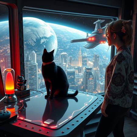 A sleek black cat with red collar sits on a cluttered metal riveted desk with transparent top and micro-LED lighted computer components visible inside, On the desk are a maneki neko statue and a lava lamp, the Black Cat is looking out of a seamless and futuristic floor to ceiling window that looks out at a planet from low orbit, the planet is covered with the lights of enormous buildings and cities, (((a beautiful woman, 24 years old, is standing next to the desk the cat is sitting on and looking longingly out the window, the woman is dressed in an ornate Japanese style shirt and tight leather-like pants. An enormous deco-cyberpunk starship with futuristic lighting and an enormous space station are visible in the background among the stars, The woman's hair is messy from just waking up and tied up with a ribbon. Artistic cyberpunk, dynamic perspective, (((overall architectural aesthetic is Art Deco Cyberpunk))).  Epic image that elicits a feeling of wonder and awe,