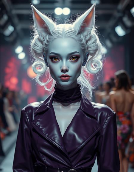 cinematic style, beauty, realism, photorealism, chiaroscuro, high quality, 1girl, pale dusky blue skin, facial markings like whiskers, white cat ears and a white cat tail, pronounced fangs, white hair in two large ringlets, a female miqote with a petite build, bright yellow eyes, cinematic photo a charismatic fashion designer in an avant-garde outfit, presenting her latest collection in a vibrant runway show, surrounded by models and flashing lights. 35mm photograph, film, bokeh, professional, 4k, highly detailed