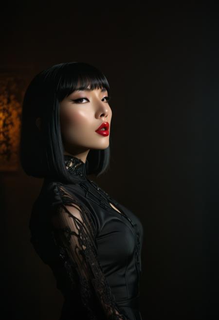 portrait of stunning oriental goth woman, long bob, bangs, lips parted, seductive, sultry, lustful, sexy blouse, silhouetted, light hitting one side of face, the other side in darkness