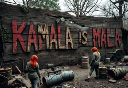 Create an image of a huge, rotting wooden sign that reads “KAMALA IS MALA” in roughly painted, weathered letters. The sign is splintered and decaying, with mold and moss creeping over the cracks, giving a sinister, neglected appearance. The background is set in a grimy, cluttered backyard, with a desolate, makeshift look typical of an illegal meth lab scene. Red-haired figures in worn, dirty clothes are working near rusted equipment and jury-rigged setups, with scattered debris, barrels, and broken-down machinery adding to the chaotic atmosphere. The lighting is dim and gritty, casting shadows over the disarray.