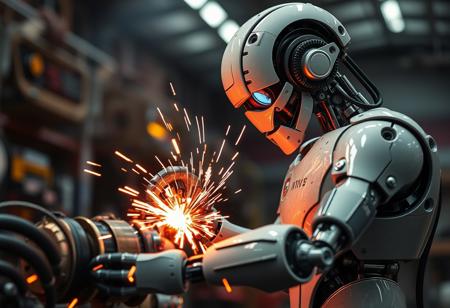 Robot fixing engines, sparks, sci-fi