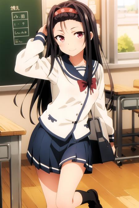 masterpiece, key visual, 1girl, black footwear, black hair, black legwear, blue skirt, bow, chalkboard, hairband, kneehighs, loafers, long hair, long sleeves, looking at viewer, pleated skirt, pink eyes, sailor collar, school uniform, serafuku, shoes, skirt, smile, solo, mayama_asaka