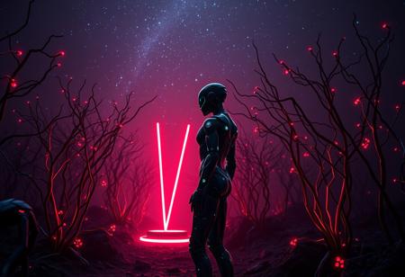 Create a hyper-realistic 8K image of a lone android standing in a dark, neon-lit Black Garden. The android's body is a fusion of mechanical and human elements, with intricate details and a lifelike appearance. The environment features interconnected human lifeforms, a light cone, and a sense of reboot or renewal. Incorporate a cinematic atmosphere with global illumination, volumetric lighting, and a breathtaking starry sky in the background. The color palette should be rich and vibrant, with a focus on the golden ratio. Use a wide-angle lens (around 35mm) to capture the full body of the android. The overall mood should be epic and cinematic, with a hint of mystery. References: Blend the styles of John Wallin Libert, Adrian Smith, Yoshitaka Amano, Zdzisław Beksiński, and Craig Mullins to achieve a unique, captivating visual effect.
