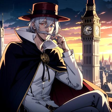 1boy, solo, multicolored eyes,heterochromia, cape, facial hair,hat,male focus,mustache, white shirt, short hair,white hair,smile, <lora:JackTheRipper:0.6>, cityscape, london, sitting on clock tower