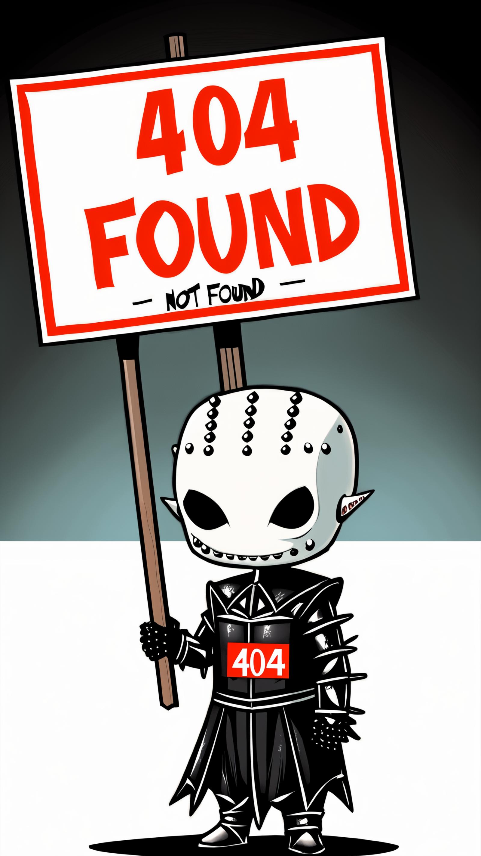 A cartoon character holding a sign with the words "404 Not Found" on it.