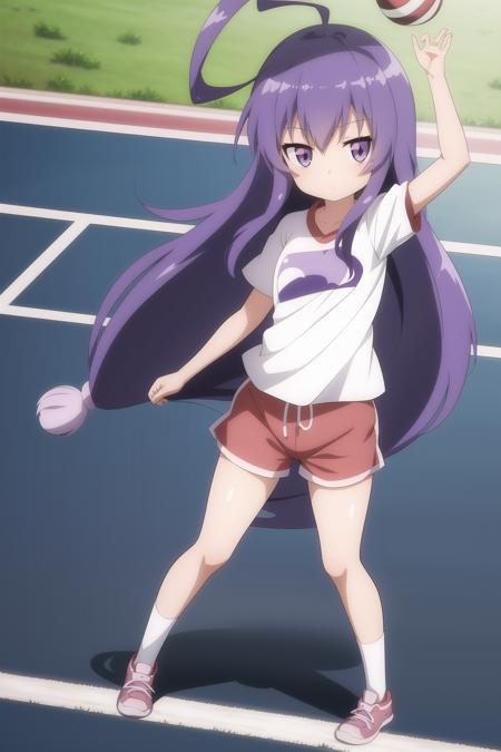 1girl, tsumiki_miniwa, purple hair, full body, little girl, long hair, ahoge, sport clothes, white t-shirt, red shorts, school stadium