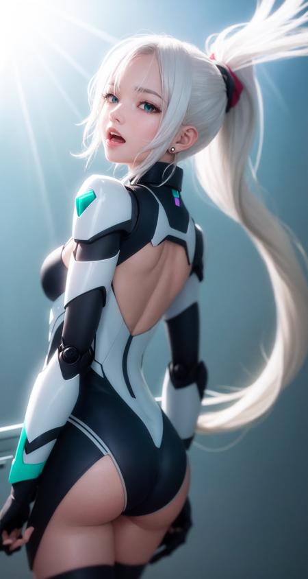 masterpiece, best quality, lens flare, depth of field,(backlighting, Backlight:1.1), grating,raster,(Light through hair:1.2),
1girl, white hair, aqua eyes, asymmetrical bangs, hair behind ear, (white hair:1.2), high ponytail, long hair, hair over one eyebrow,messy hair, hair flower,
mecha musume, mecha, Mecha clothing, tight bodysuit, black thighhighs, 
open mouth,happy,
looking at viewer,(shaded face),
(shadow:1.2),(chromatic aberration:1.3),