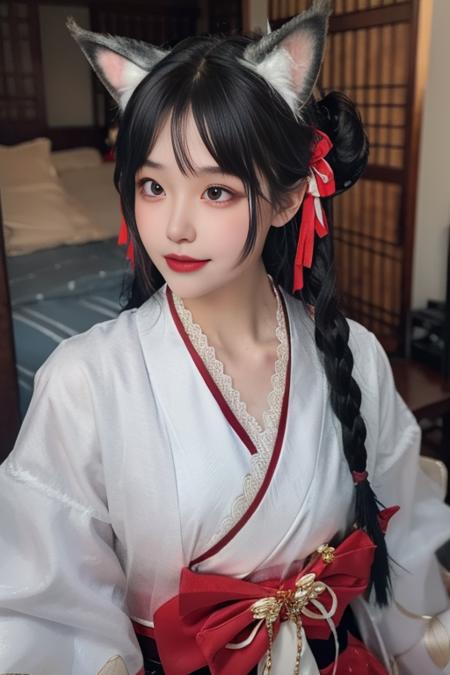 ultra-detailed,highly detailed,best quality,masterpiece,illustration,realistic,
hutao, 1girl, solo, animal ears, cat ears, realistic, black hair, braid, japanese clothes, lips, ribbon, looking at viewer, brown eyes, bow, long hair, upper body, black eyes, twintails, hair ornament, hair bun, bell, parted lips, smile, double bun, hanbok, korean clothes, twin braids, animal ear fluff, brown hair, lace, hair ribbon, long sleeves, kimono, teeth, bangs, tassel, lace trim, tdnm
 <lora:hutao_tdnm_v2_03:0.8>