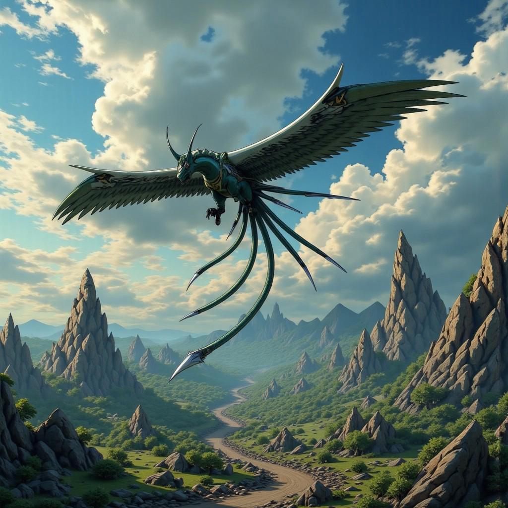 a real life movie still of a bakugan skyress flying over a futuristic metropolis