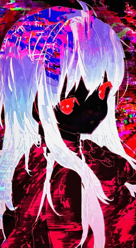 <lora:nfxlyria:1> nfxlyria, anime, glitch, glitchcore woman white hair red eyes