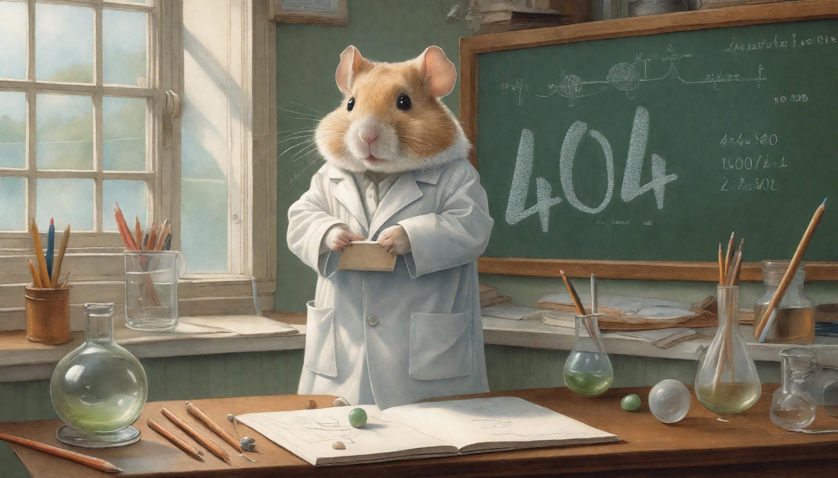 A hamster in a white lab coat standing in front of a chalkboard with the number 404.