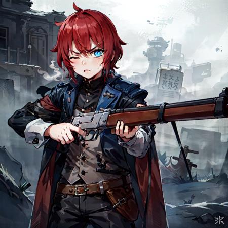 Masterpiece, high quality, (leveraction:1.2), antique firearm, 1boy, red hair, blue eyes, glowing eyes, cloak, aiming at viewer, one eye closed, detailed face, bangs, dust, smoke, fog, holding weapon, trigger discipline, dark, annoyed, angry, tall, lean <lora:leveractionrifle-AOM2:0.8>