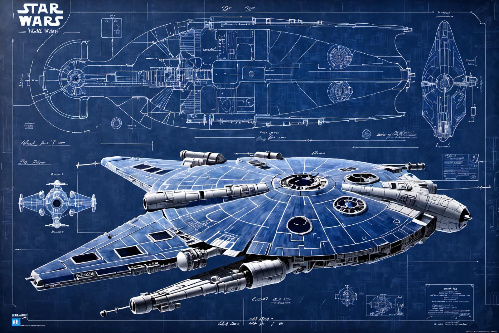Blue Star Wars Spaceship Design with Blueprints in Background